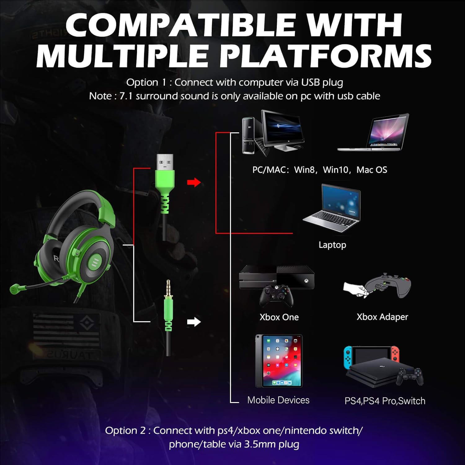 EKSA E900 Pro Gaming Headset – 7.1 Surround Sound, Detachable Noise-Cancelling Mic, USB, Compatible with PC, PS5, PS4 & Xbox
