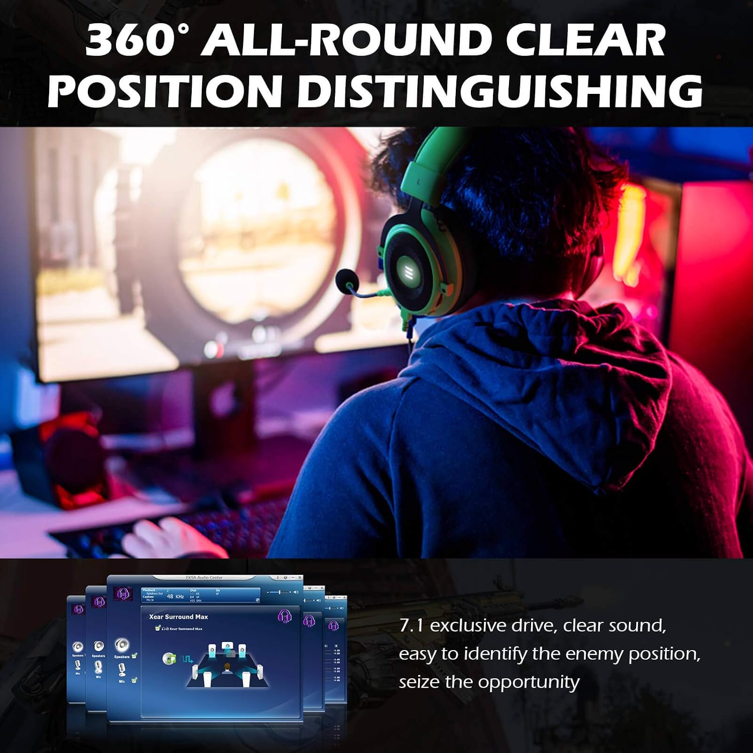 EKSA E900 Pro Gaming Headset – 7.1 Surround Sound, Detachable Noise-Cancelling Mic, USB, Compatible with PC, PS5, PS4 & Xbox