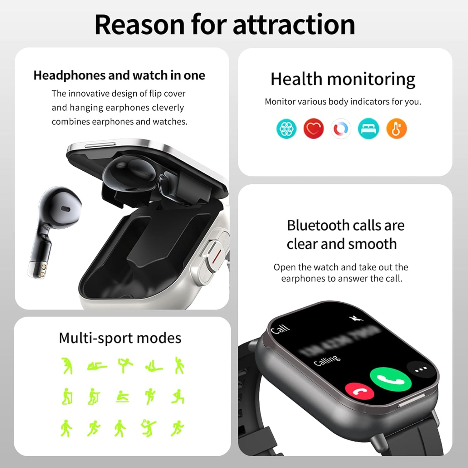 Smart Watch with Wireless Earbuds, Heart Rate Monitor & Bluetooth Calls