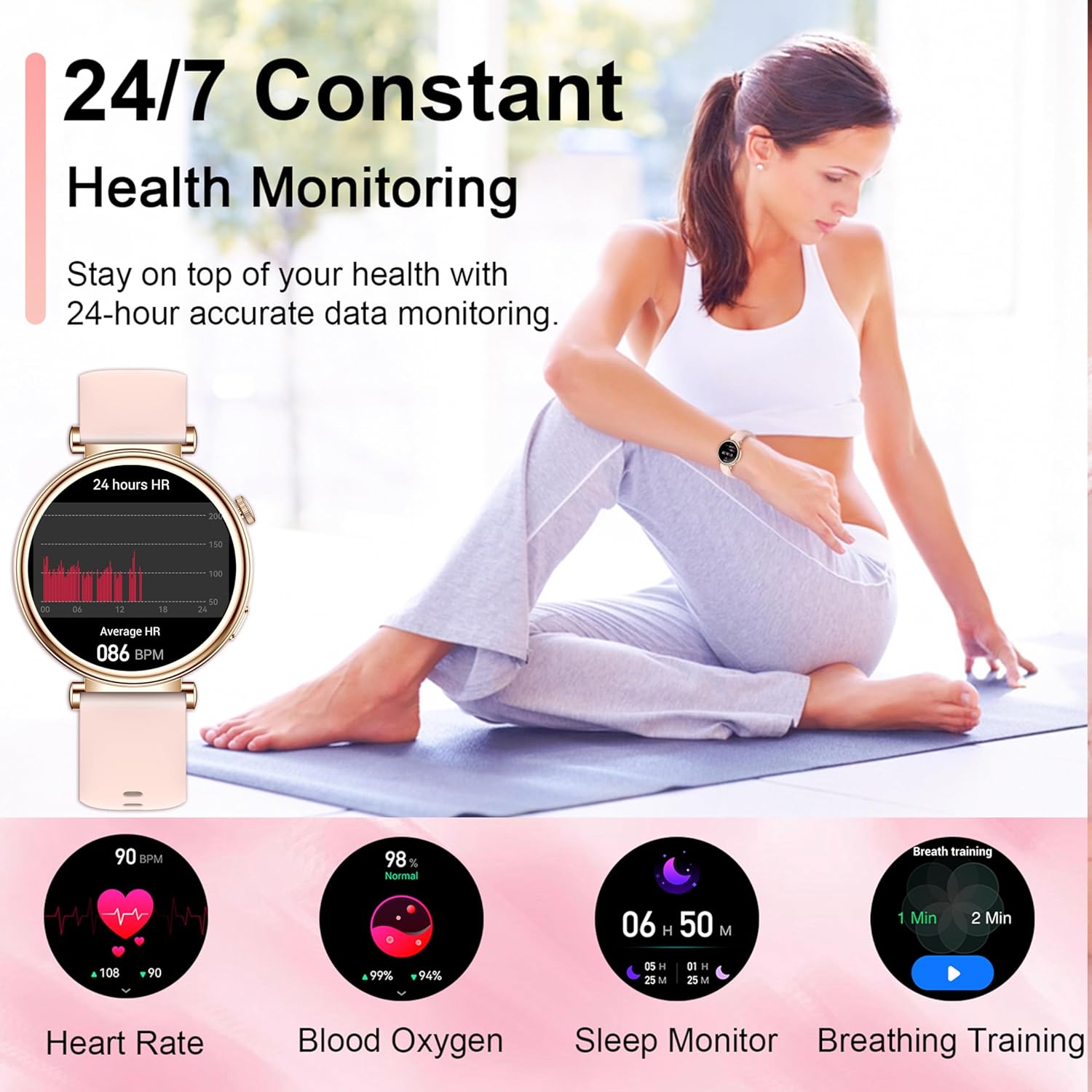 Smart Watch with Bluetooth Calling, 1.27" Touch Screen, Heart Rate Monitor & 100+ Sports Modes for iOS & Android (Pink)
