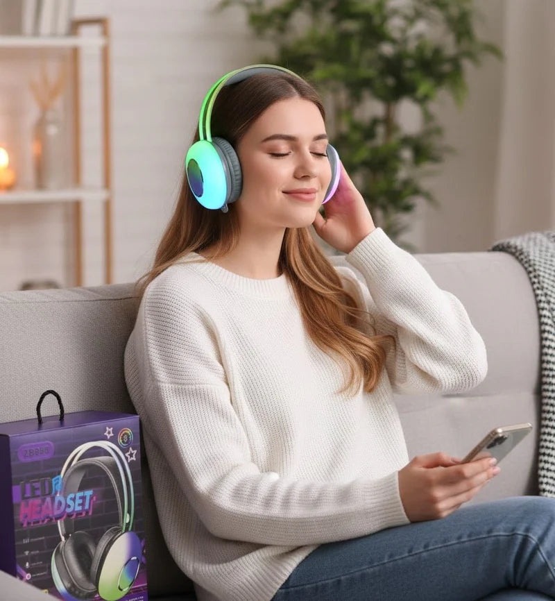LED Wireless Bluetooth Headset – Hi-Fi Stereo Sound, RGB Lighting, Built-in Mic for Gaming & Music